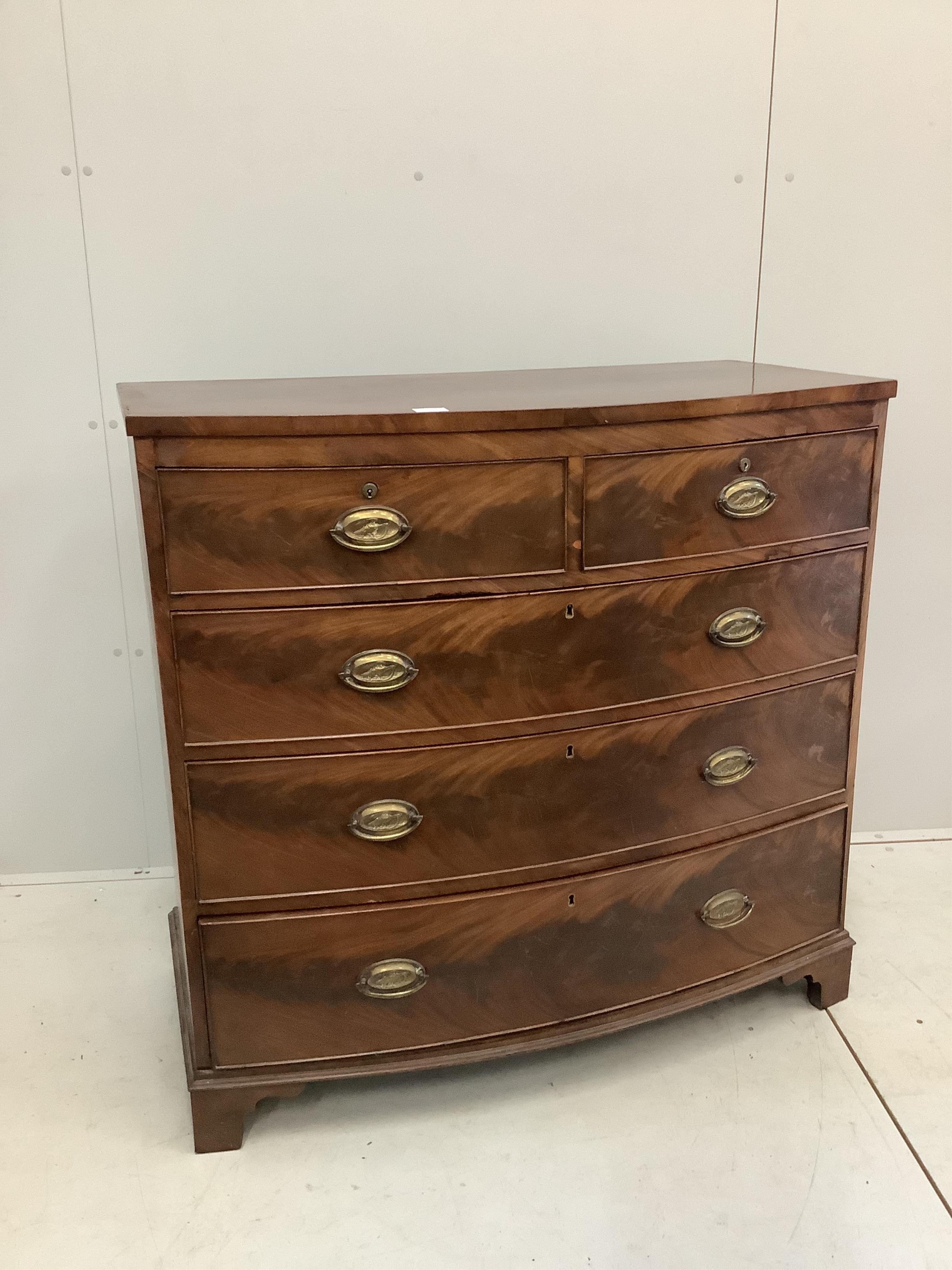 A Regency mahogany bowfronted chest of drawers, width 106cm, depth 54cm, height 101cm. Condition - fair